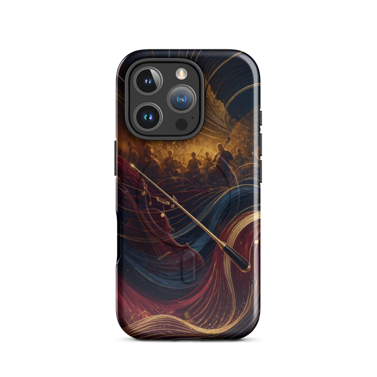 The Virtuoso iPhone Case, gold-line violin and bow over orchestra silhouettes. Haezel Tech Rhythm Series, view 11