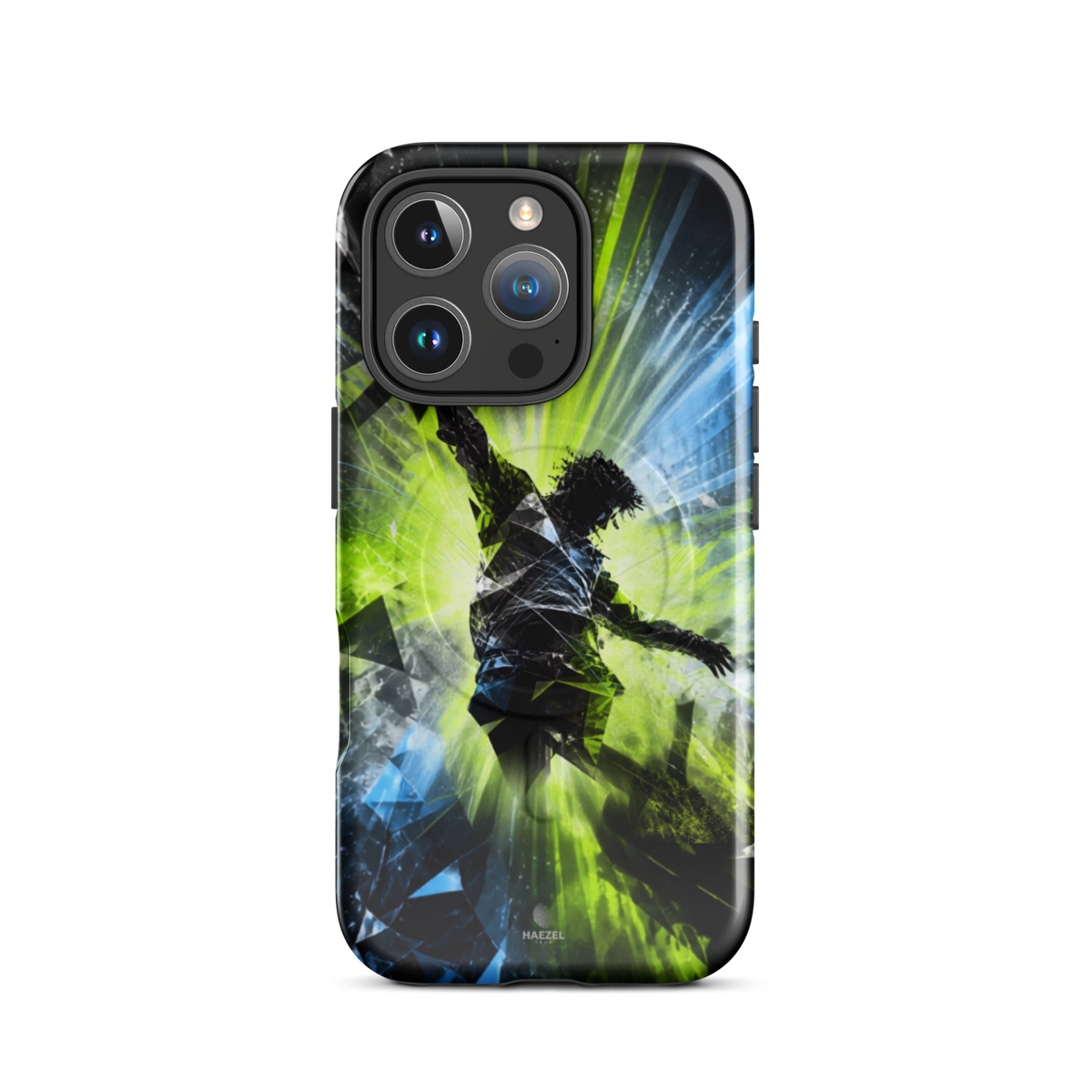 The Kinetic iPhone Case, lime dancer silhouette breaking into geometric shards. Haezel Tech Rhythm Series, view 11