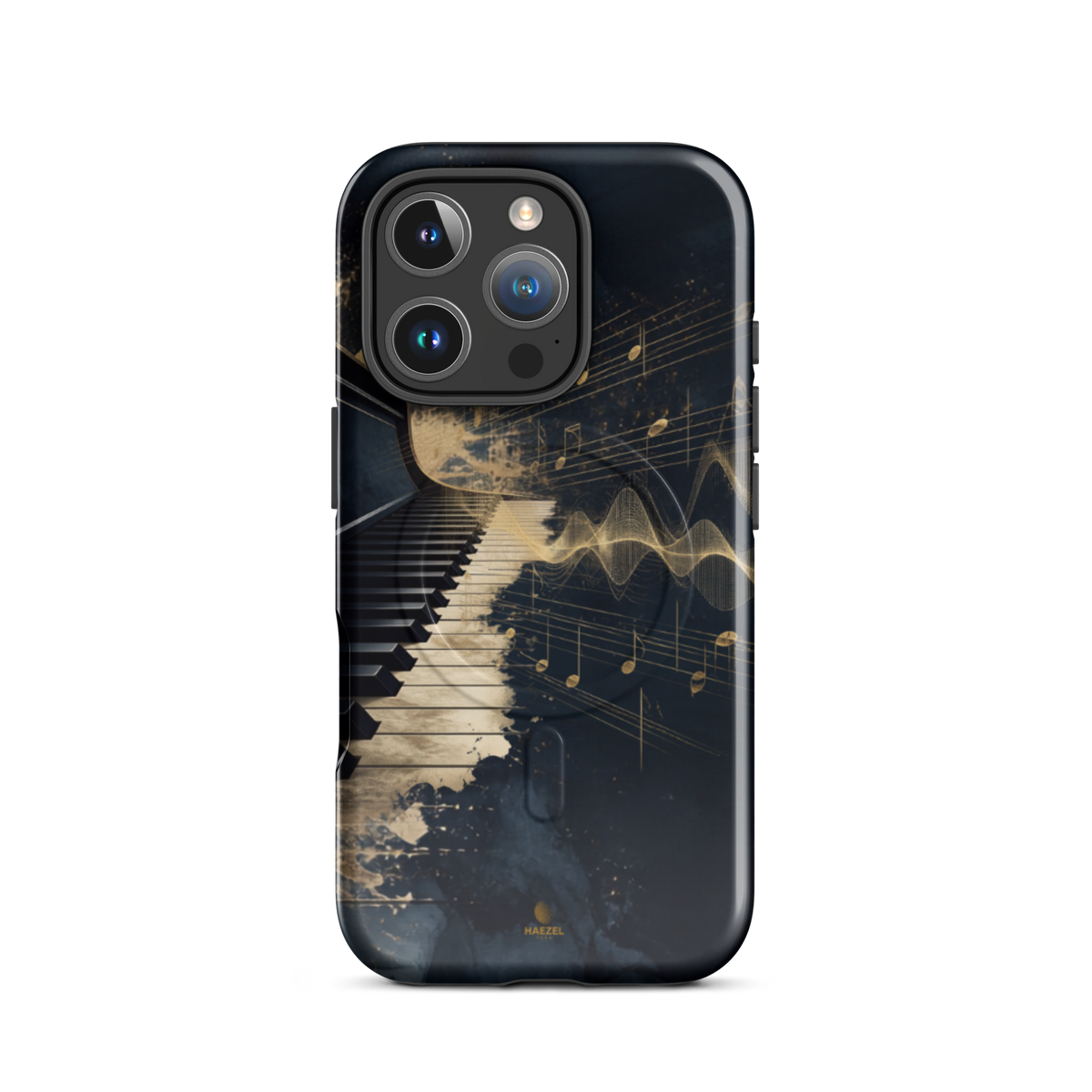 The Nocturne iPhone Case, piano keys and gold music notation on midnight navy. Haezel Tech Rhythm Series, view 11