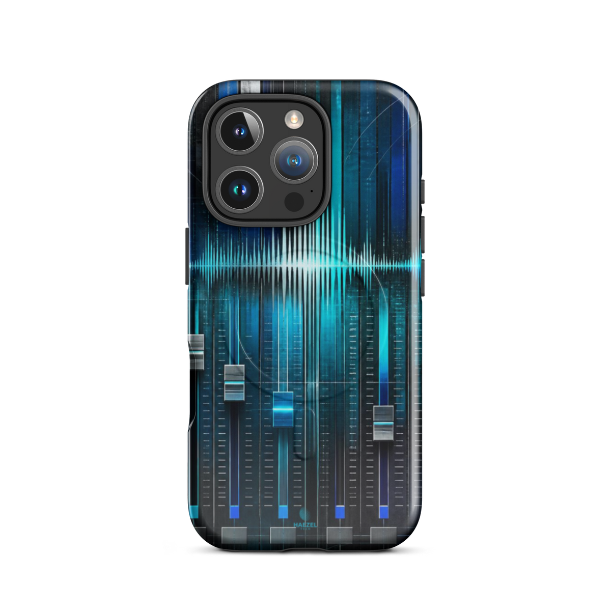 The Mixdown iPhone Case, cyan mixing desk faders and waveform peaks. Haezel Tech Rhythm Series, view 11