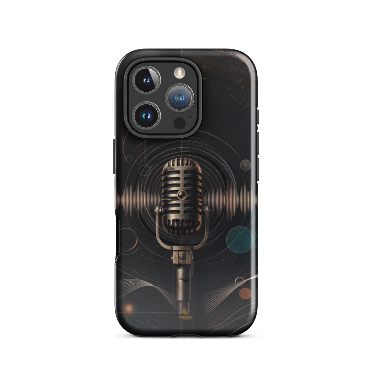 The Broadcast iPhone Case, bronze vintage microphone ringed by soundwaves. Haezel Tech Rhythm Series, view 11
