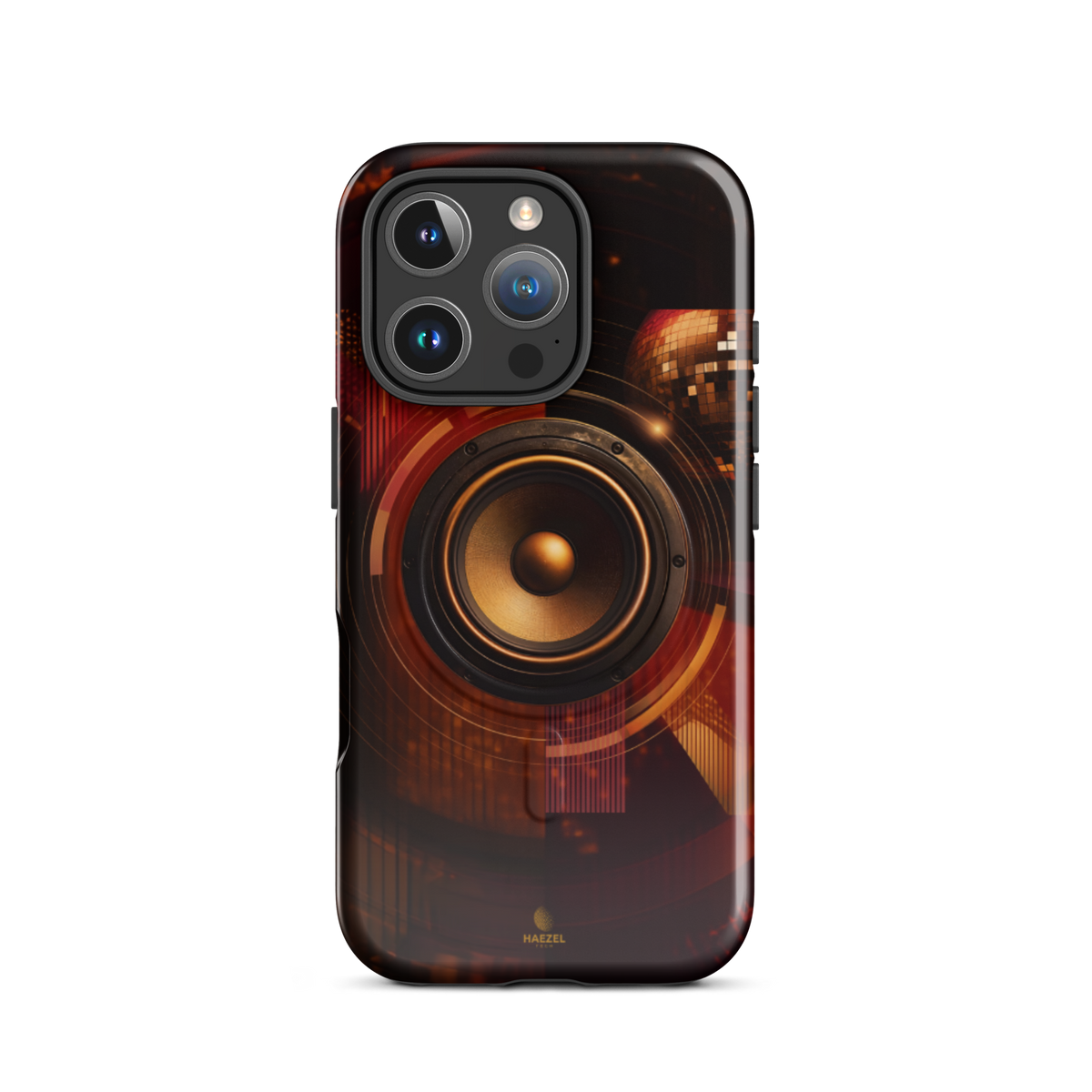 The Bassline iPhone Case, gold speaker cone split across red and black. Haezel Tech Rhythm Series, view 11