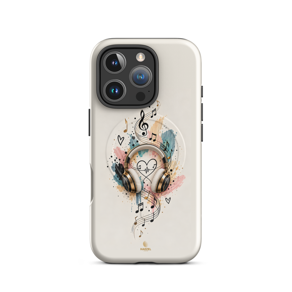 The Serenade Ivory iPhone Case, gold headphones and heartbeat in watercolour on ivory. Haezel Tech Rhythm Series, view 11