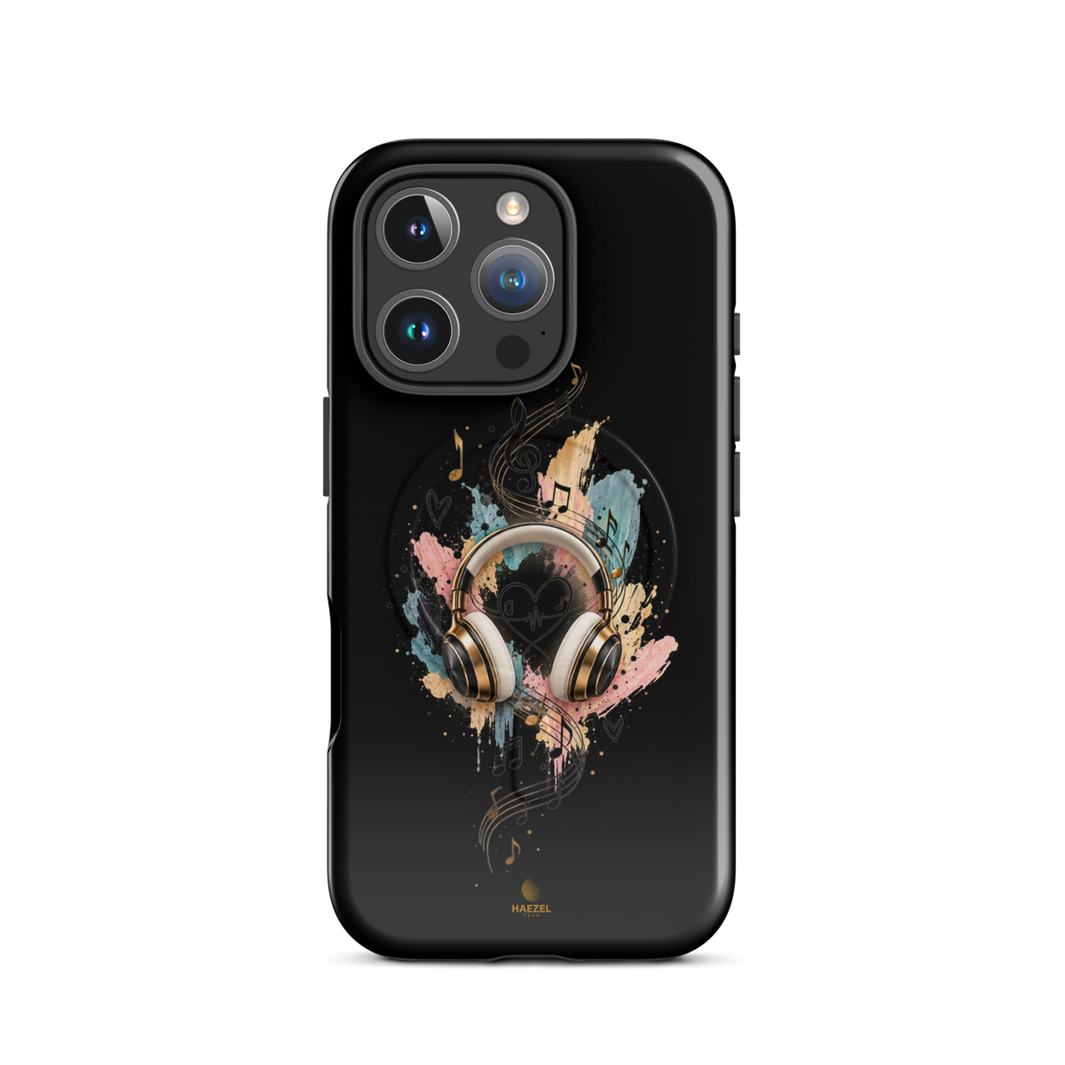 The Serenade Onyx iPhone Case, gold headphones and heartbeat in watercolour on black. Haezel Tech Rhythm Series, view 11