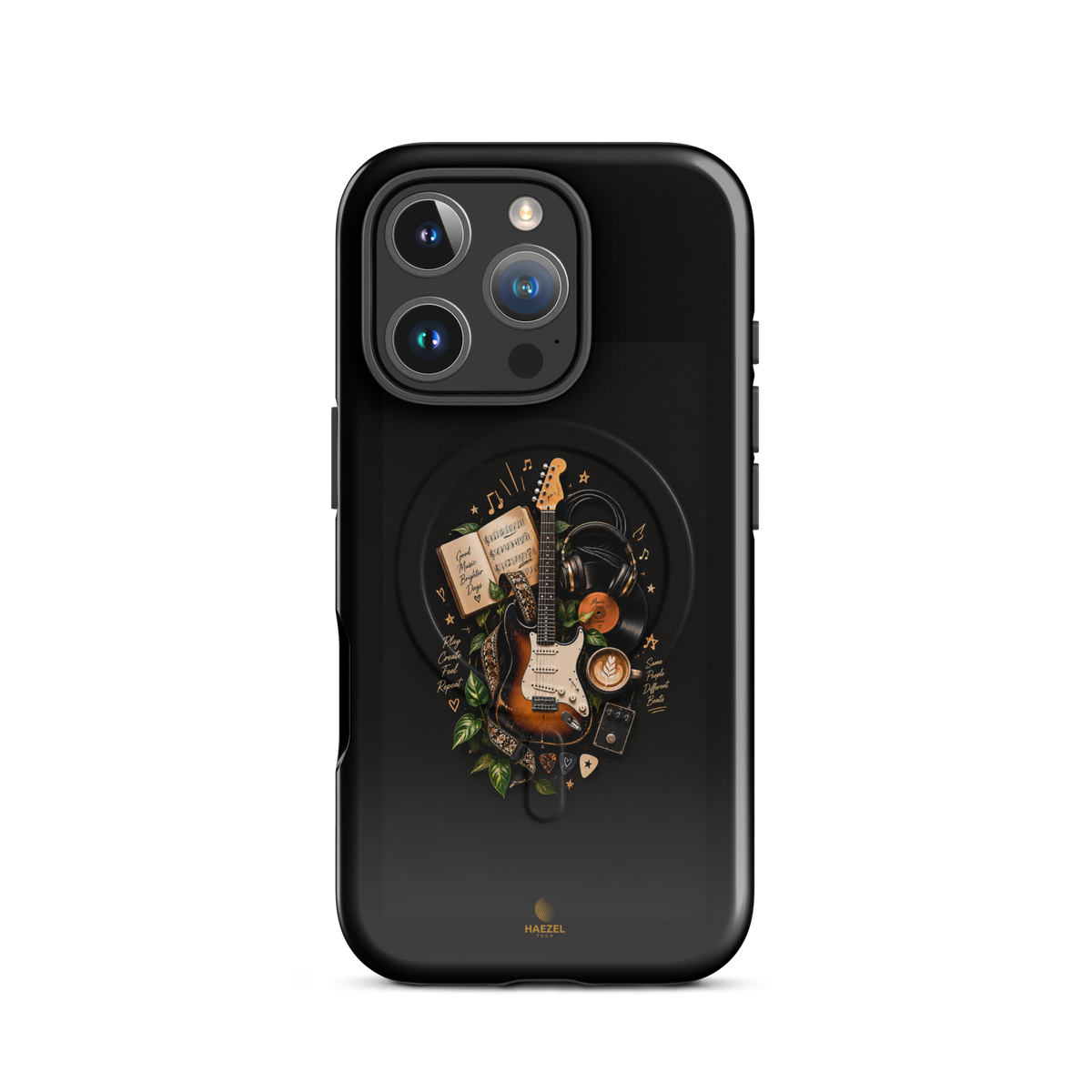 The Songbook iPhone Case, sunburst guitar and open songbook on black. Haezel Tech Rhythm Series, view 11