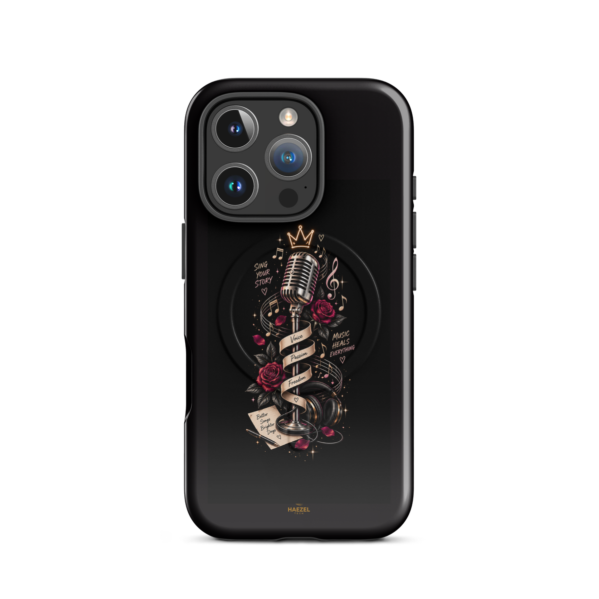 The Showstopper iPhone Case, crowned vintage microphone and red roses on black. Haezel Tech Rhythm Series, view 11