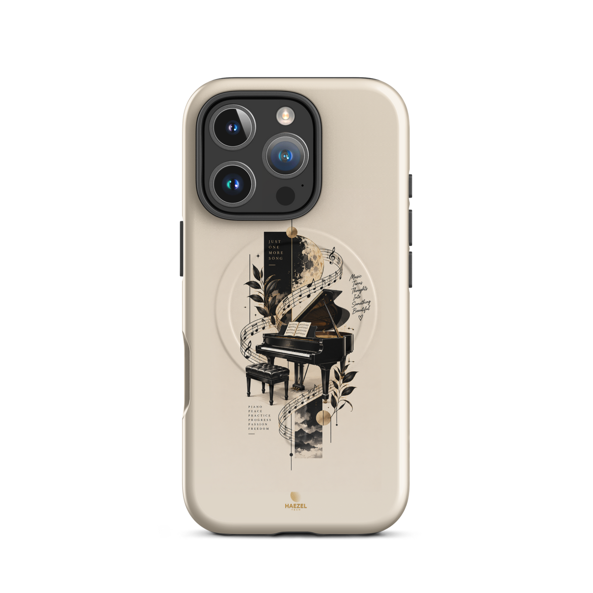 The Recital iPhone Case, grand piano and sheet music under a full moon on ivory. Haezel Tech Rhythm Series, view 11