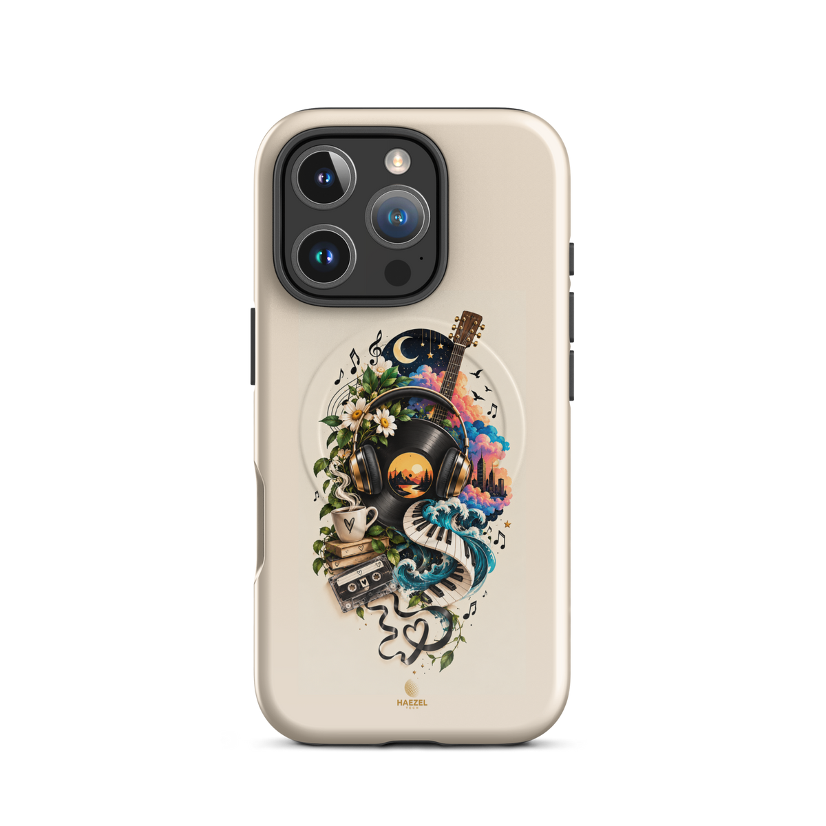 The Playlist iPhone Case, vinyl, headphones, guitar and cassette collage on ivory. Haezel Tech Rhythm Series, view 11