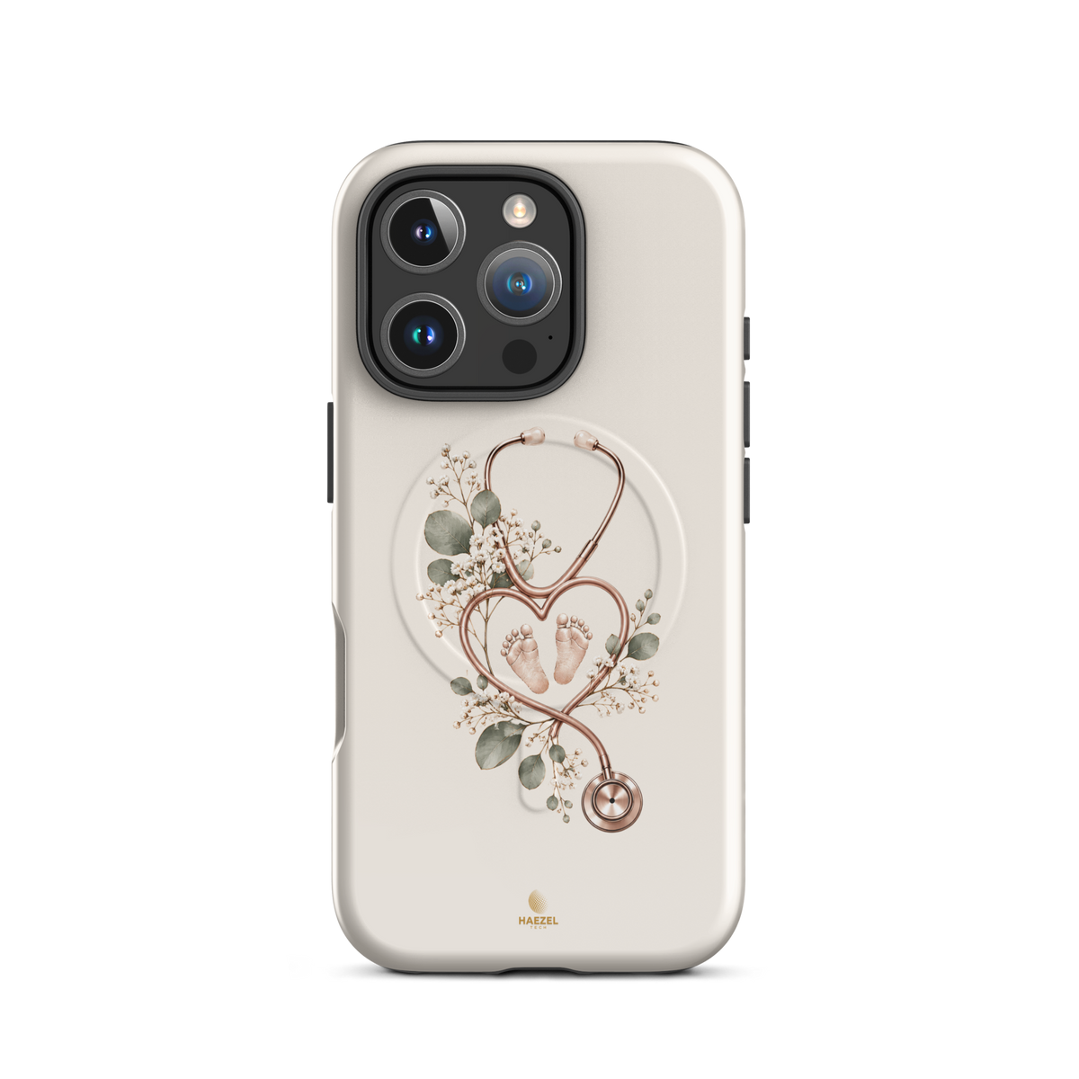 The Midwife Ivory iPhone Case, stethoscope heart with tiny baby feet on ivory. Haezel Tech Healer Series, view 11