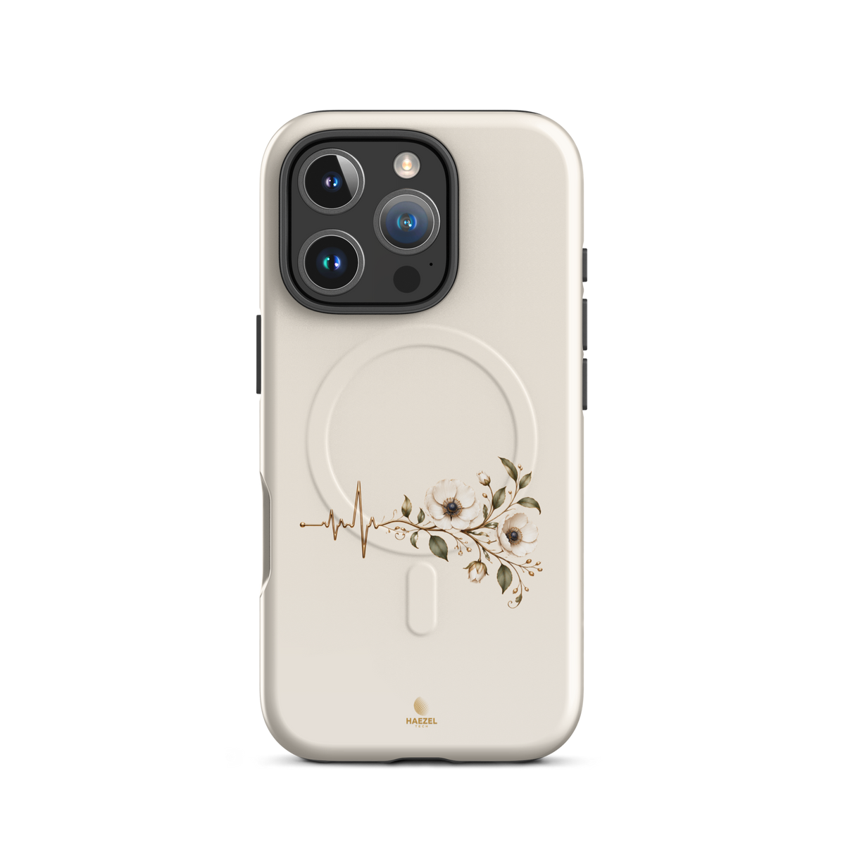 The Heartbeat iPhone Case, gold heartbeat line flowing into flowers on ivory. Haezel Tech Healer Series, view 11