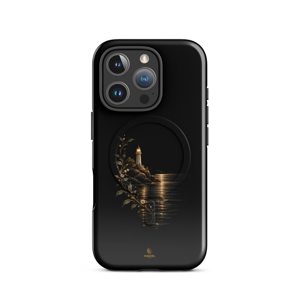 The Lighthouse iPhone Case, lighthouse glowing over still water with gold flowers on black. Haezel Tech Healer Series, view 11