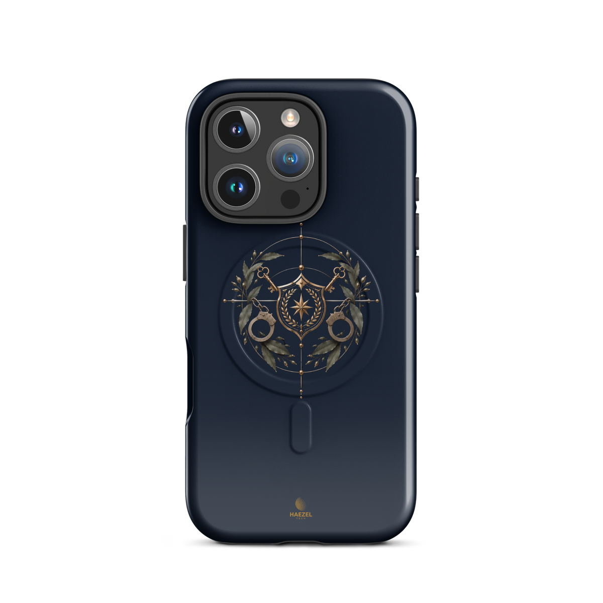 The Watch iPhone Case, gold shield with crossed keys and laurel wreath on navy. Haezel Tech Guardian Series, view 11