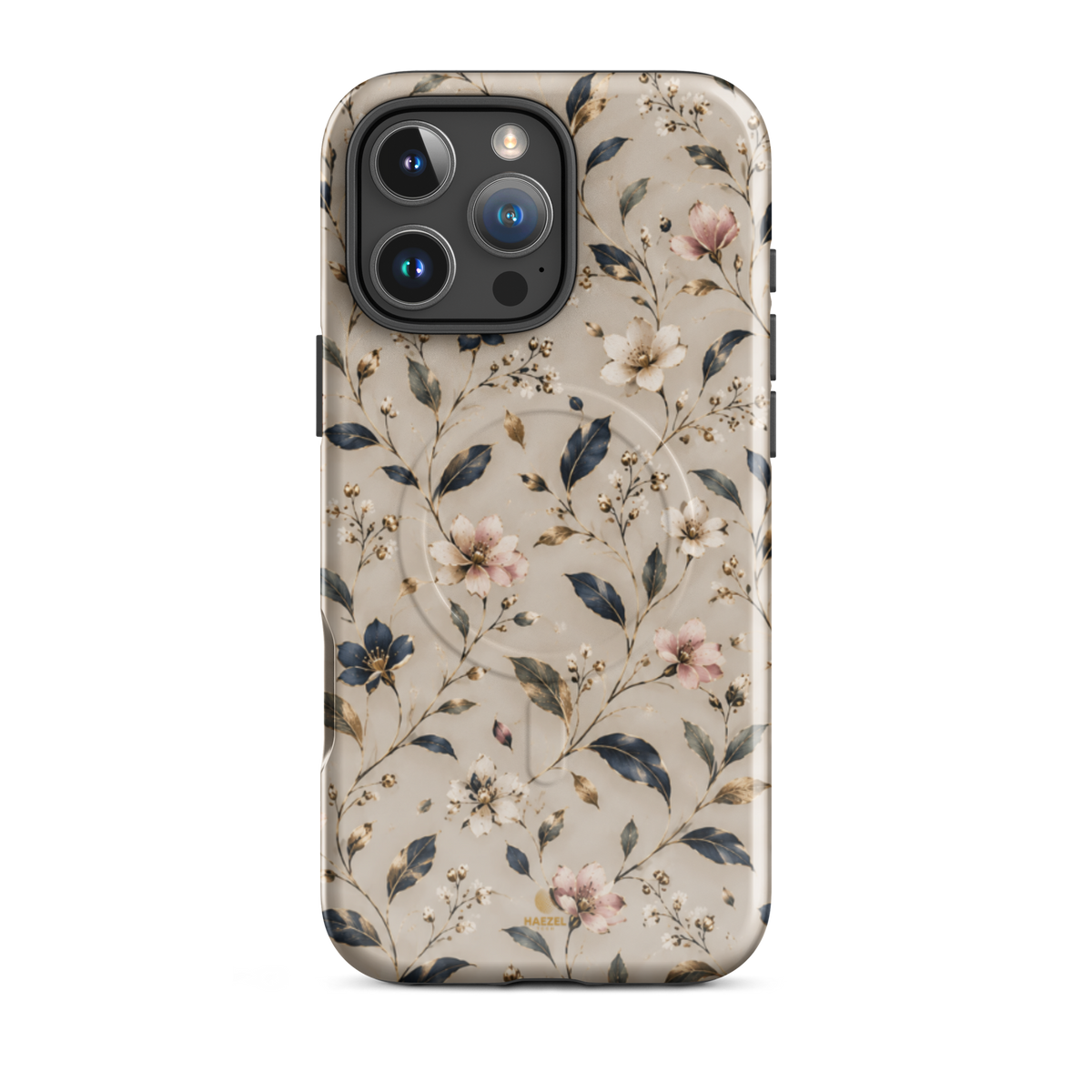 The Blossom iPhone Case by Haezel Tech — delicate pink and white blossom on ivory with navy leaves