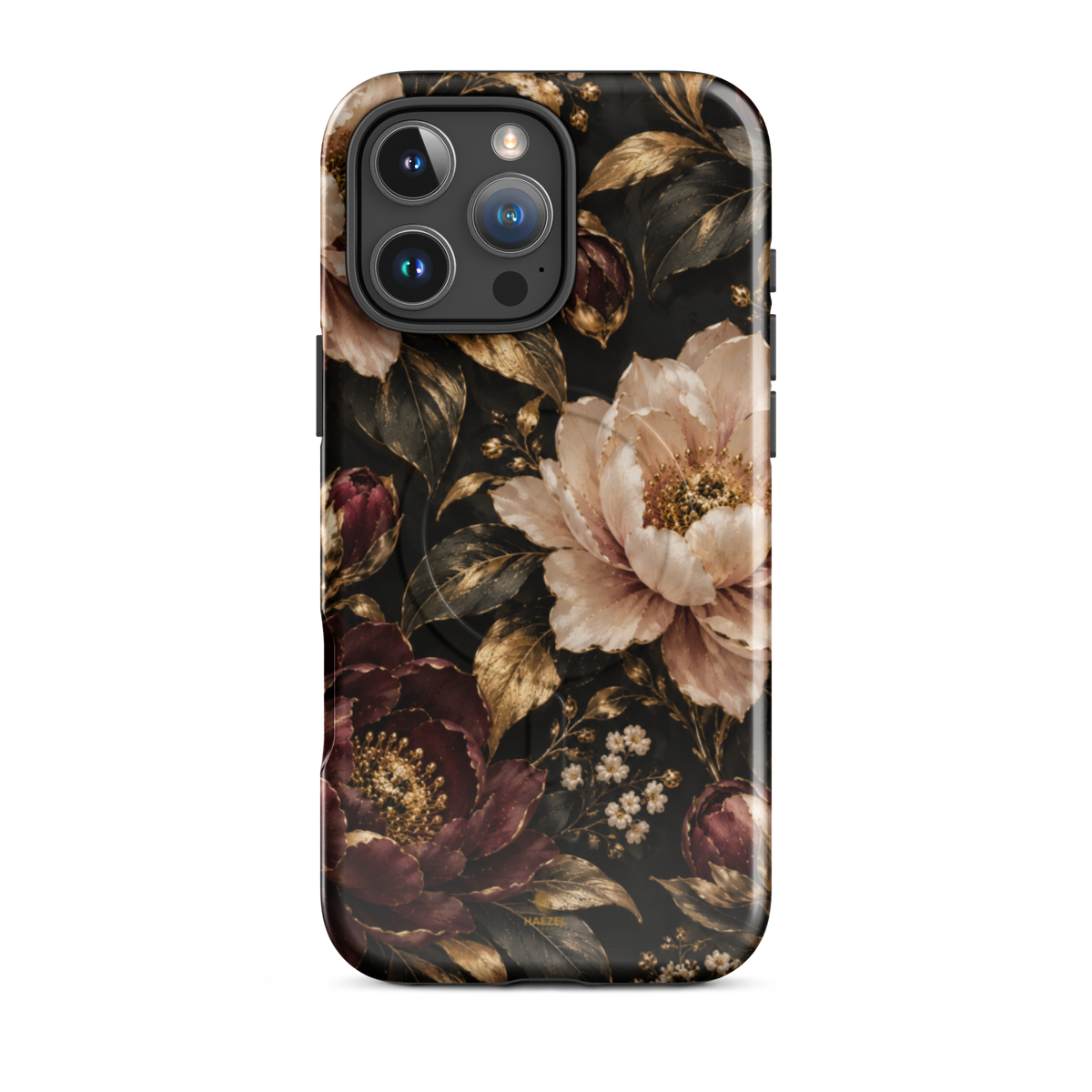 The Peony iPhone Case by Haezel Tech — blush and burgundy peonies with gold foliage on black