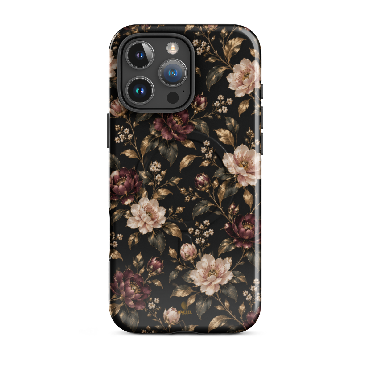 The Rosewood iPhone Case by Haezel Tech — dusky rose and burgundy florals with gold leaves on black