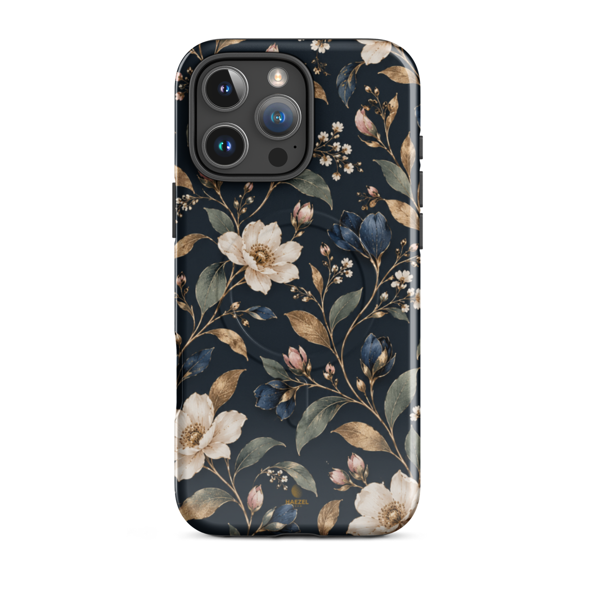 The Camellia iPhone Case by Haezel Tech — ivory camellias and gold leaves on deep navy