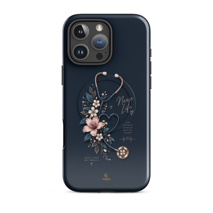 The Pledge iPhone Case, rose-gold stethoscope and lilies on navy. Haezel Tech Healer Series, view 12