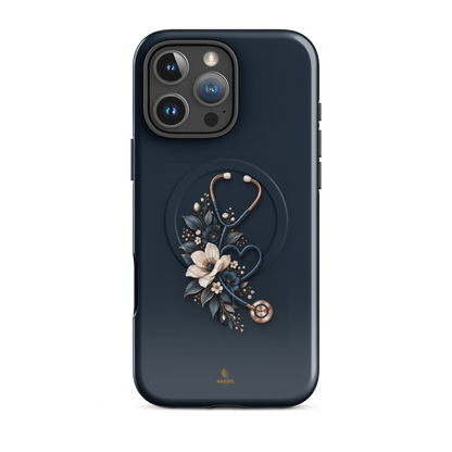 The Grace iPhone Case, anemones and rose-gold stethoscope on navy. Haezel Tech Healer Series, view 12