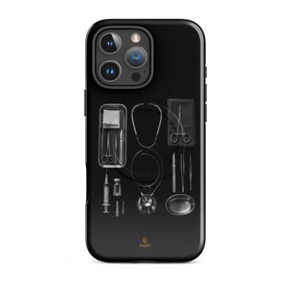 The Theatre iPhone Case, silver surgical instrument tray on black. Haezel Tech Healer Series, view 12