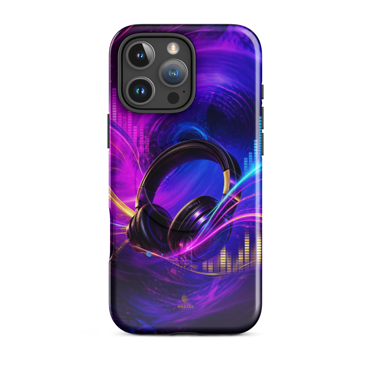 The Frequency iPhone Case, studio headphones on a neon equaliser swirl. Haezel Tech Rhythm Series, view 12