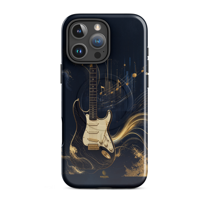 The Headliner iPhone Case, cream and gold electric guitar on navy. Haezel Tech Rhythm Series, view 12