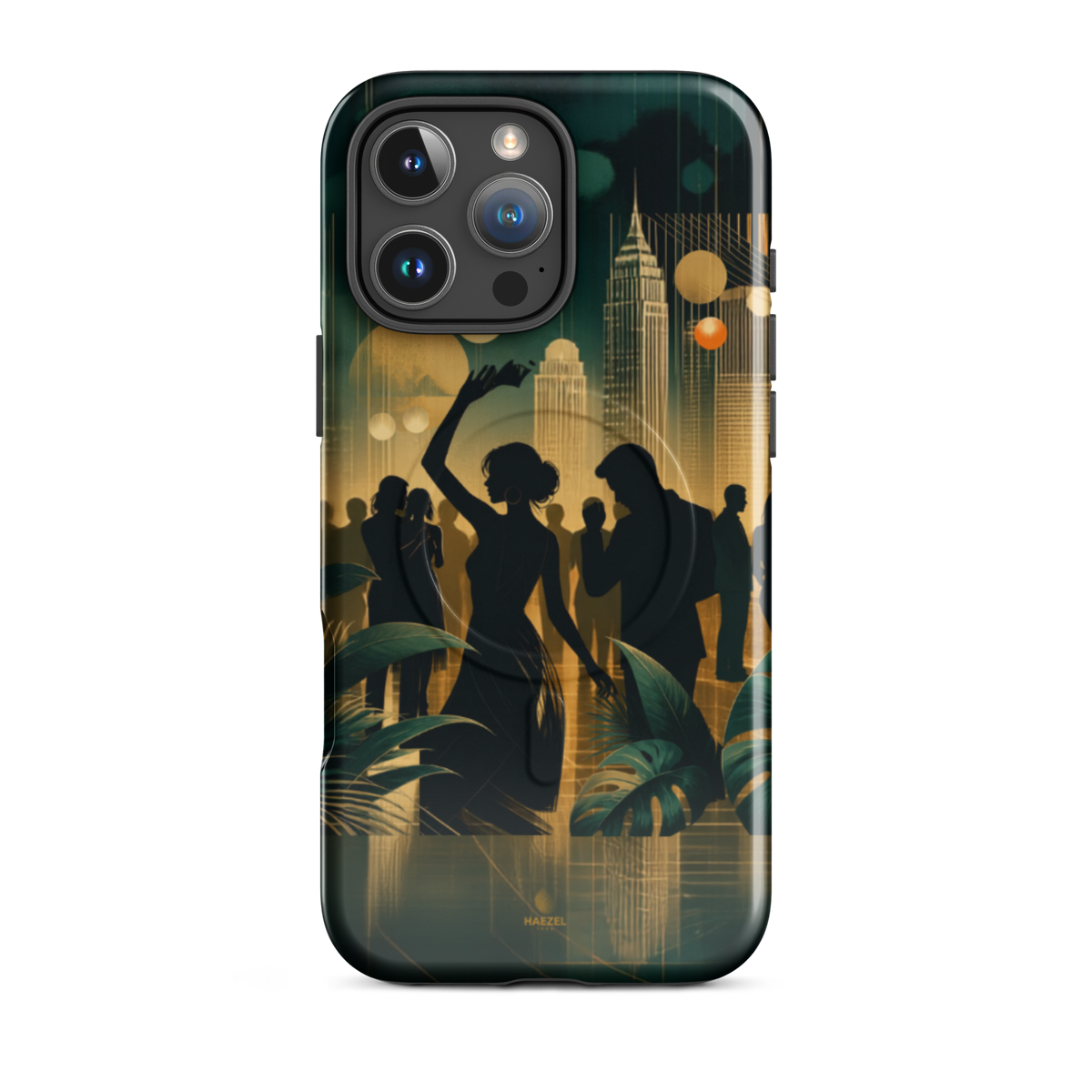 The Speakeasy iPhone Case, gold art deco dancers, city skyline and palm leaves. Haezel Tech Rhythm Series, view 12
