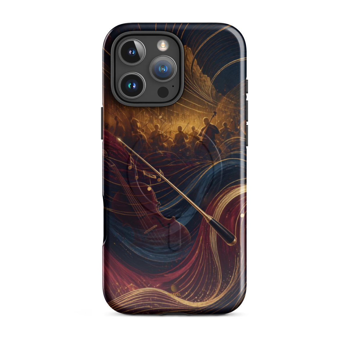 The Virtuoso iPhone Case, gold-line violin and bow over orchestra silhouettes. Haezel Tech Rhythm Series, view 12