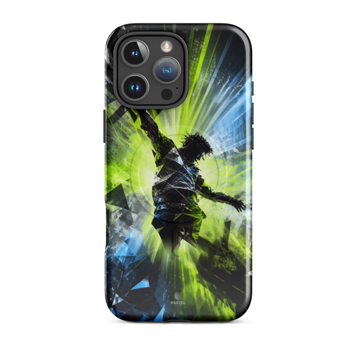 The Kinetic iPhone Case, lime dancer silhouette breaking into geometric shards. Haezel Tech Rhythm Series, view 12