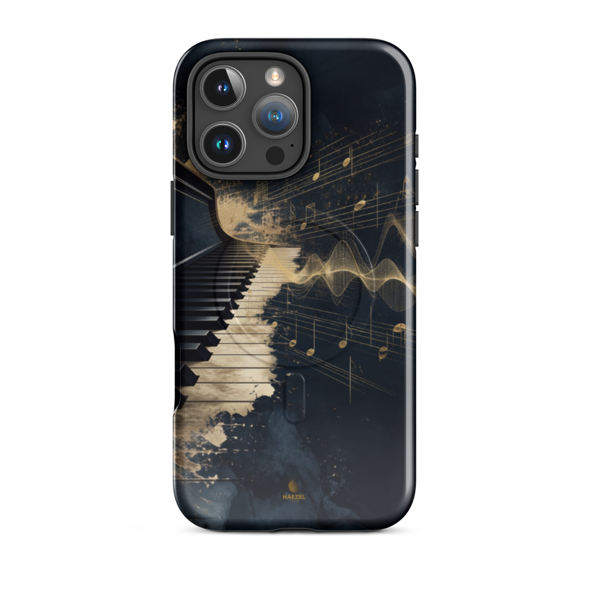 The Nocturne iPhone Case, piano keys and gold music notation on midnight navy. Haezel Tech Rhythm Series, view 12
