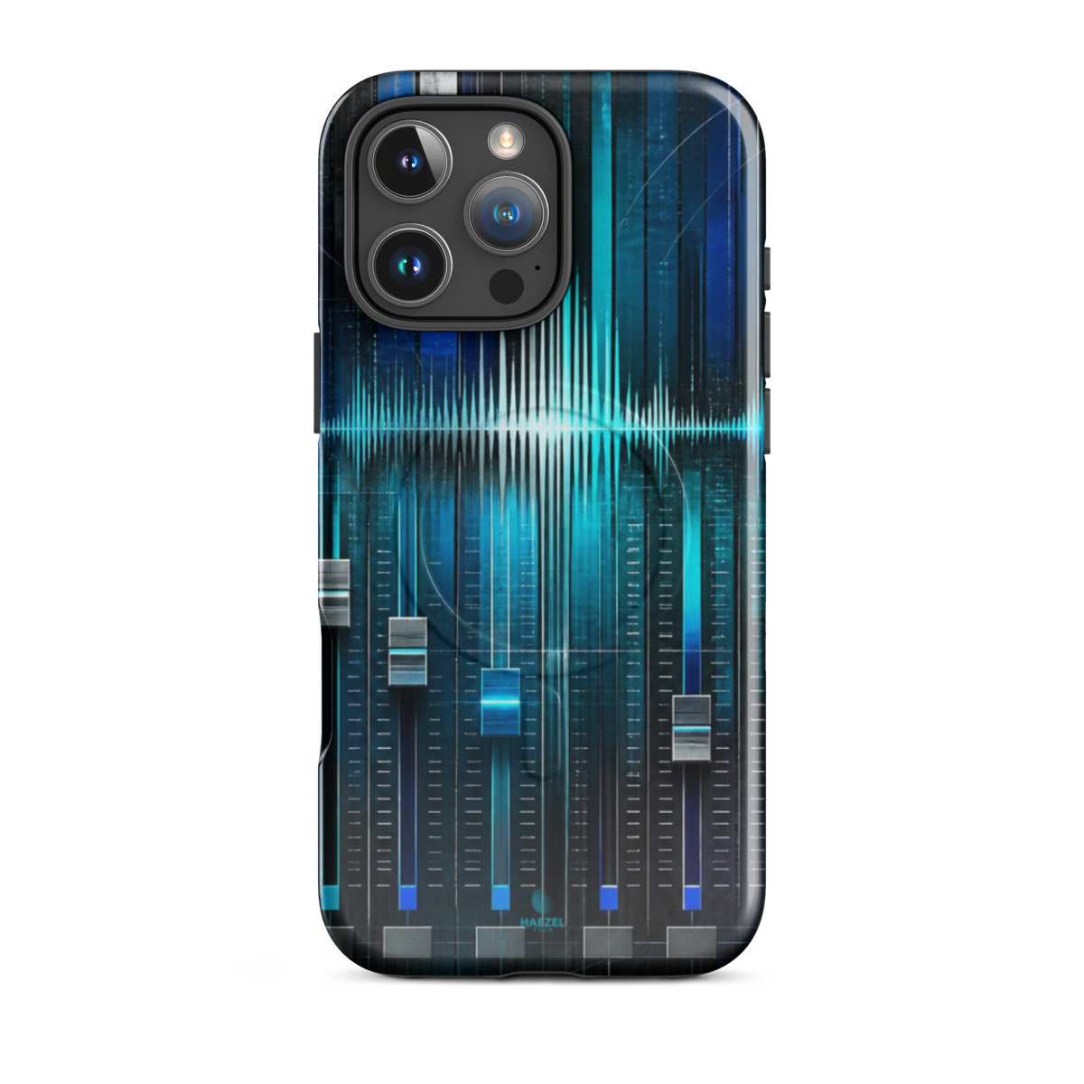The Mixdown iPhone Case, cyan mixing desk faders and waveform peaks. Haezel Tech Rhythm Series, view 12