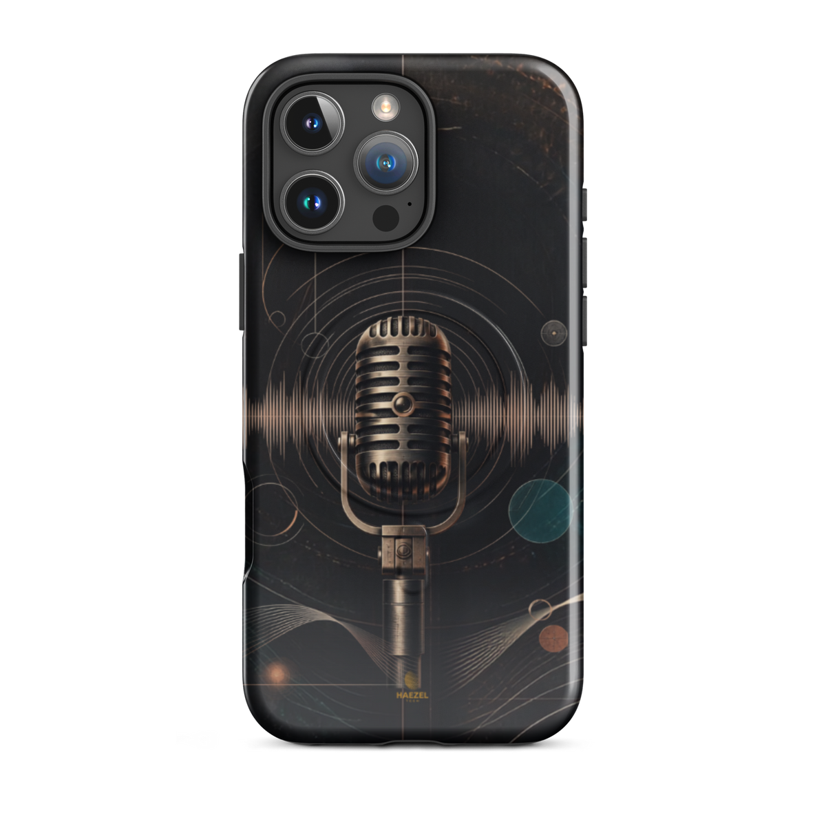 The Broadcast iPhone Case, bronze vintage microphone ringed by soundwaves. Haezel Tech Rhythm Series, view 12