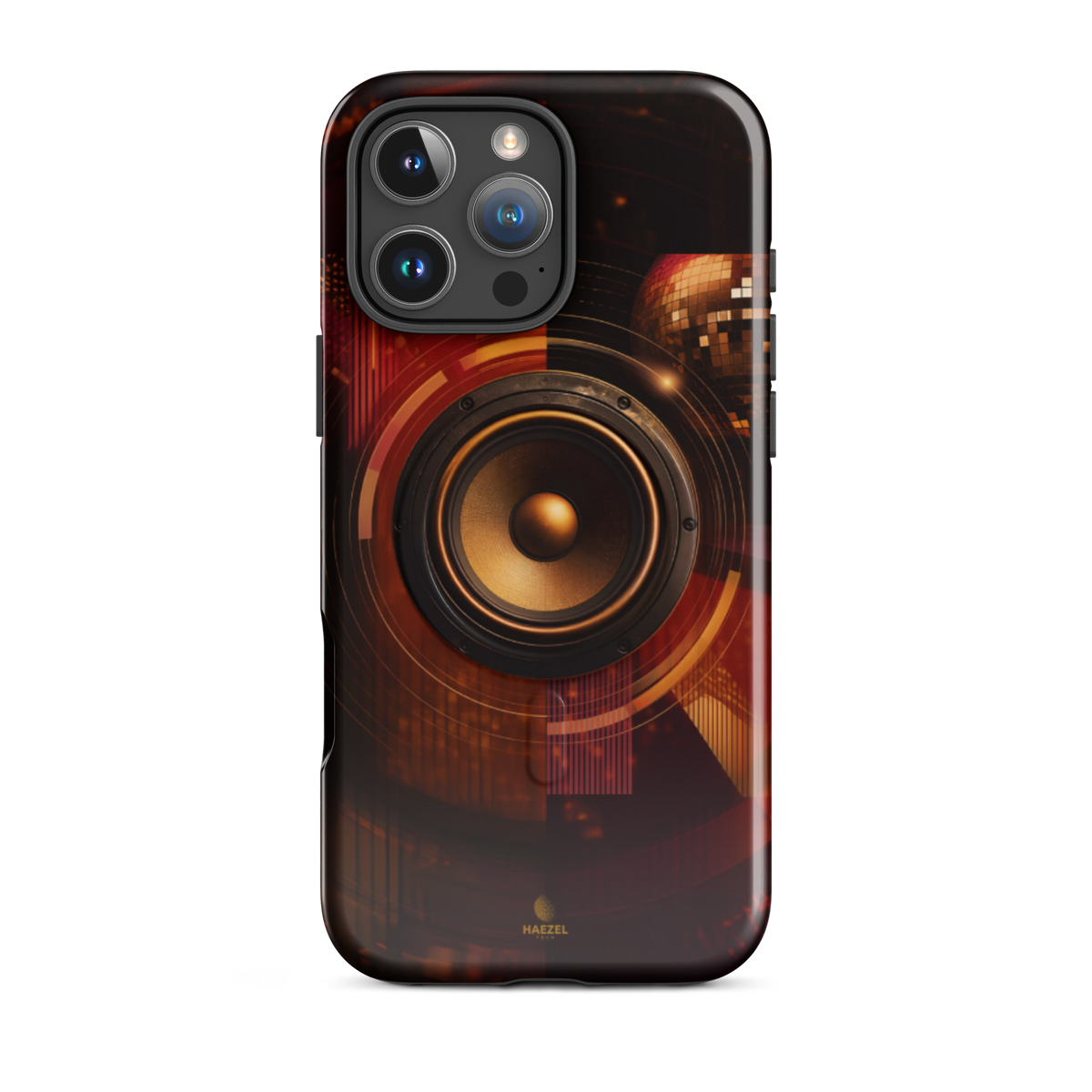 The Bassline iPhone Case, gold speaker cone split across red and black. Haezel Tech Rhythm Series, view 12