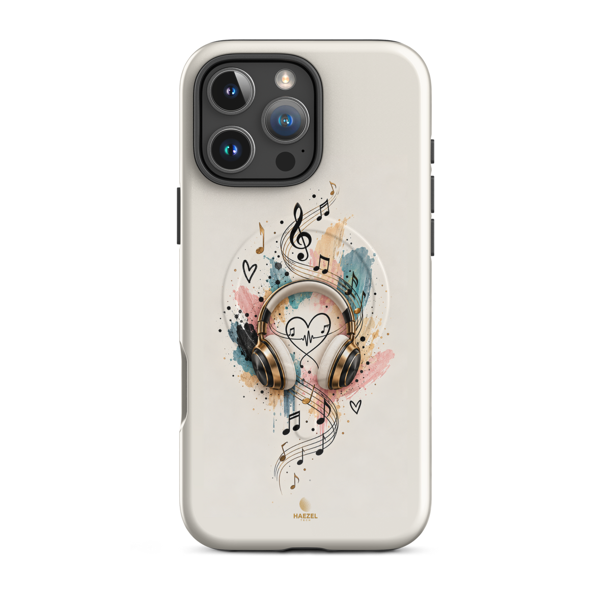 The Serenade Ivory iPhone Case, gold headphones and heartbeat in watercolour on ivory. Haezel Tech Rhythm Series, view 12