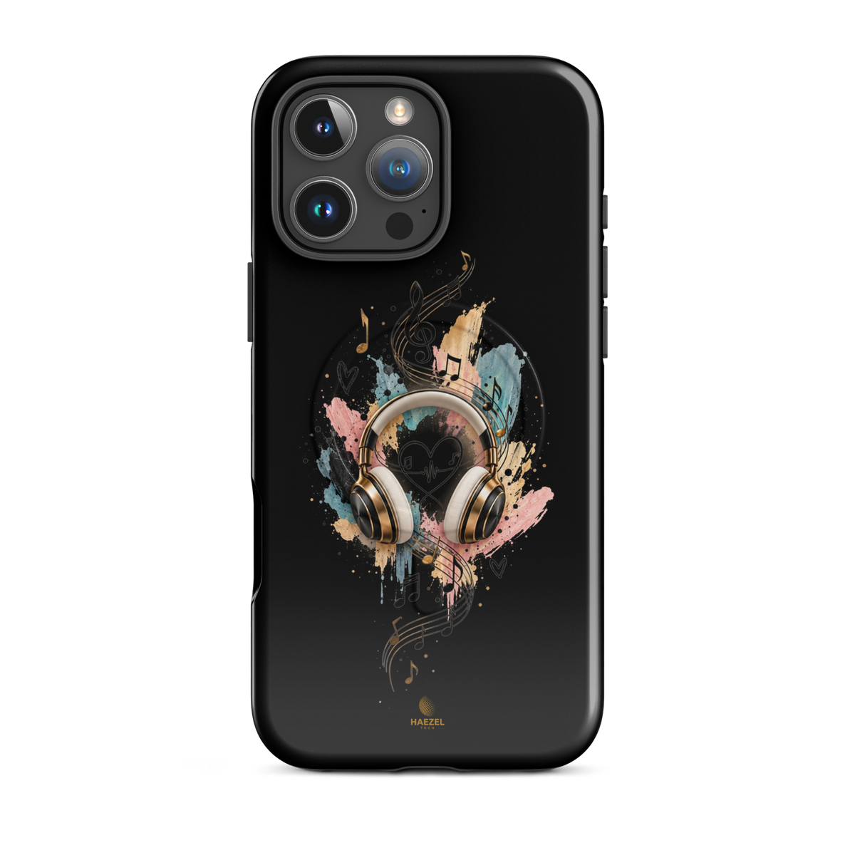 The Serenade Onyx iPhone Case, gold headphones and heartbeat in watercolour on black. Haezel Tech Rhythm Series, view 12