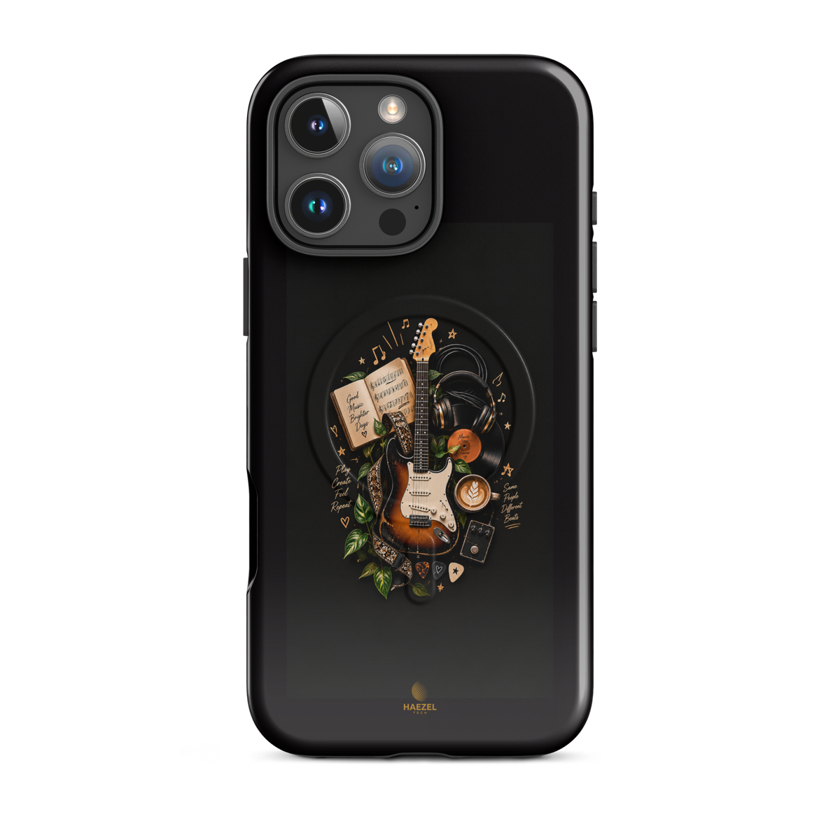 The Songbook iPhone Case, sunburst guitar and open songbook on black. Haezel Tech Rhythm Series, view 12
