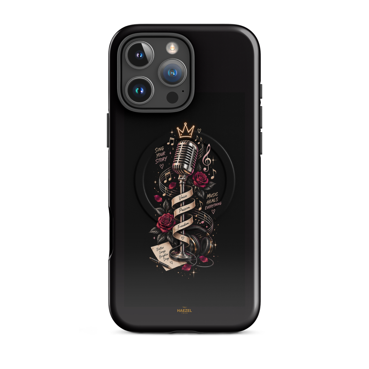 The Showstopper iPhone Case, crowned vintage microphone and red roses on black. Haezel Tech Rhythm Series, view 12