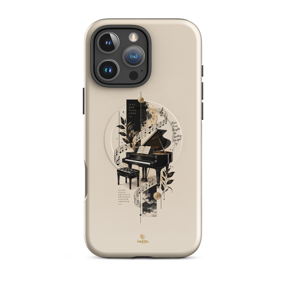 The Recital iPhone Case, grand piano and sheet music under a full moon on ivory. Haezel Tech Rhythm Series, view 12