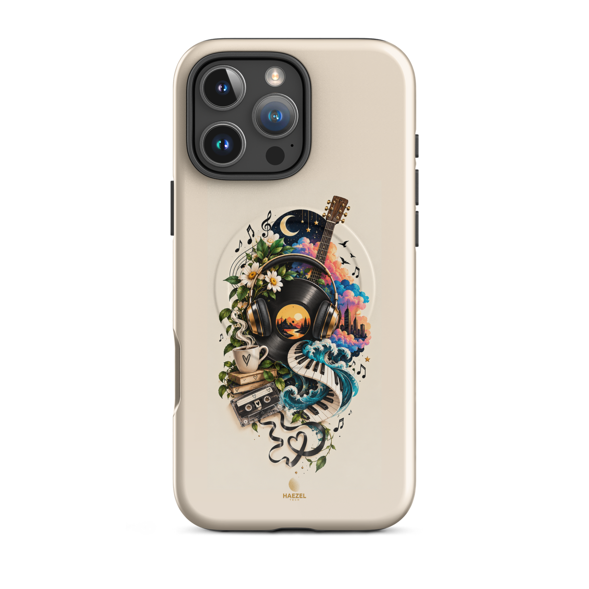 The Playlist iPhone Case, vinyl, headphones, guitar and cassette collage on ivory. Haezel Tech Rhythm Series, view 12