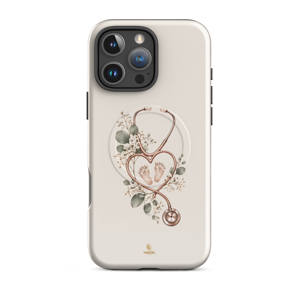 The Midwife Ivory iPhone Case, stethoscope heart with tiny baby feet on ivory. Haezel Tech Healer Series, view 12