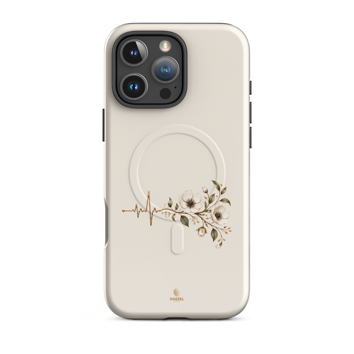 The Heartbeat iPhone Case, gold heartbeat line flowing into flowers on ivory. Haezel Tech Healer Series, view 12
