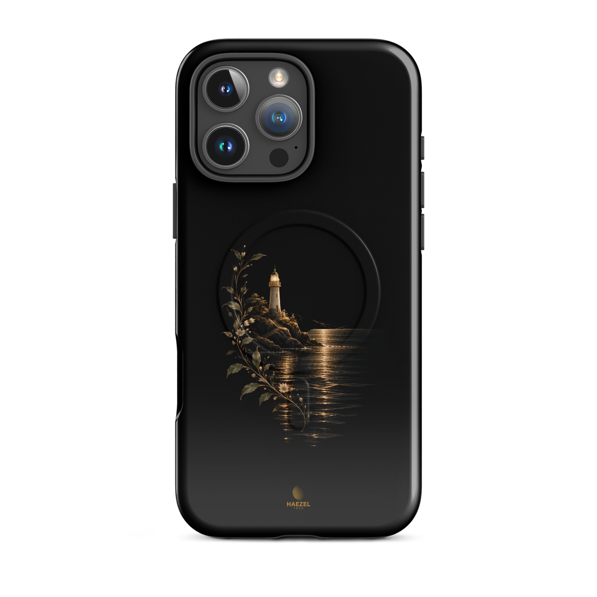 The Lighthouse iPhone Case, lighthouse glowing over still water with gold flowers on black. Haezel Tech Healer Series, view 12