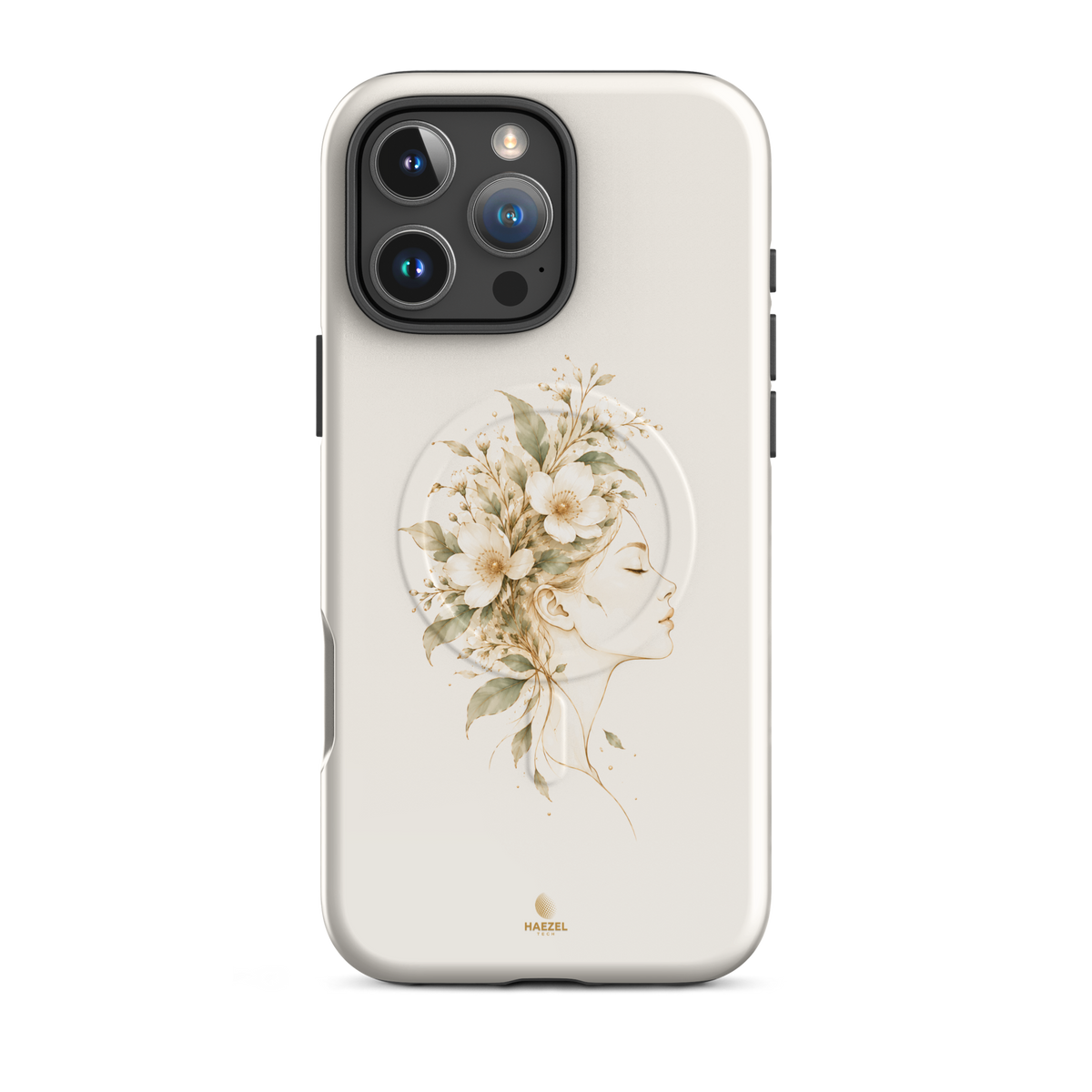 The Blooming Mind Ivory iPhone Case, woman's profile with flowers blooming from her mind on ivory. Haezel Tech Healer Series, view 12