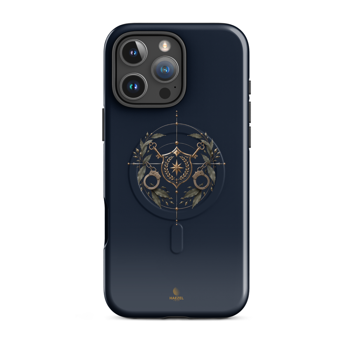 The Watch iPhone Case, gold shield with crossed keys and laurel wreath on navy. Haezel Tech Guardian Series, view 12
