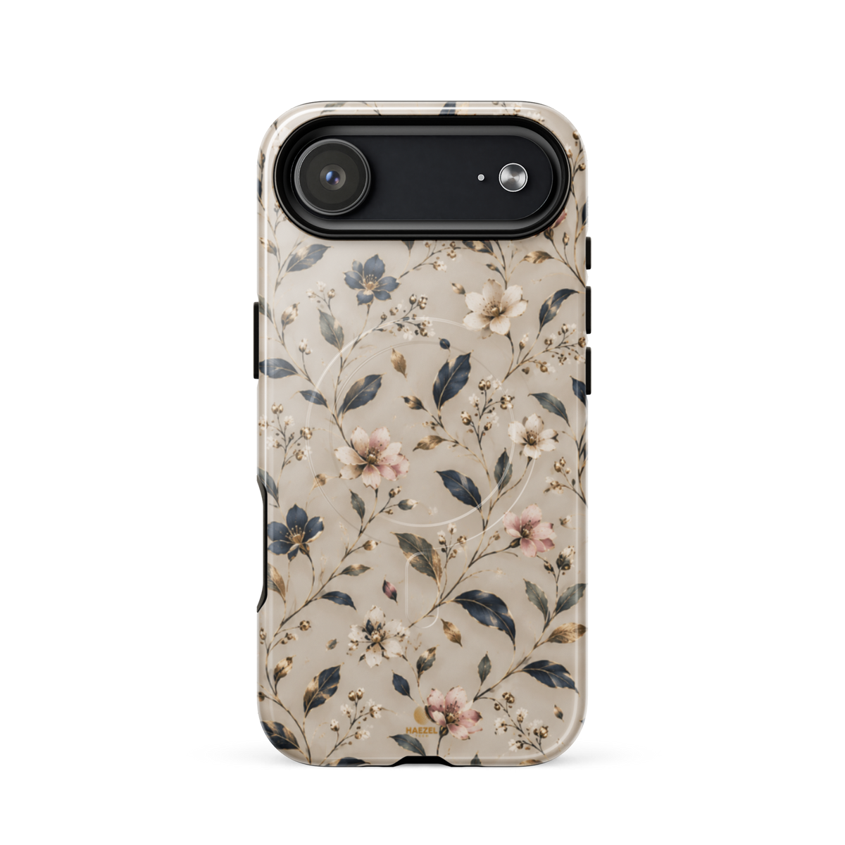 The Blossom iPhone Case by Haezel Tech — delicate pink and white blossom on ivory with navy leaves