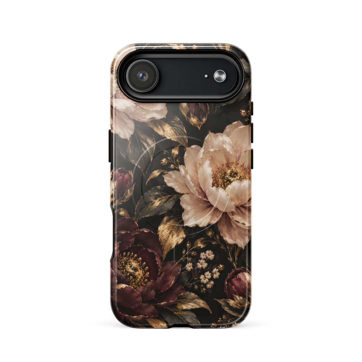 The Peony iPhone Case by Haezel Tech — blush and burgundy peonies with gold foliage on black