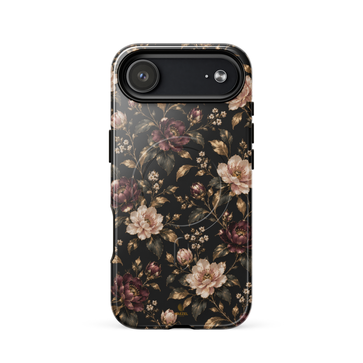 The Rosewood iPhone Case by Haezel Tech — dusky rose and burgundy florals with gold leaves on black