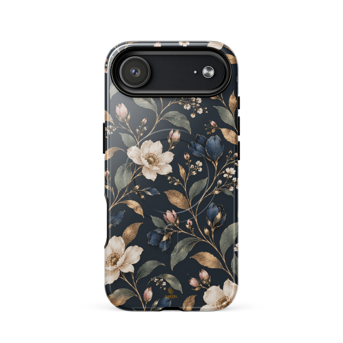 The Camellia iPhone Case by Haezel Tech — ivory camellias and gold leaves on deep navy