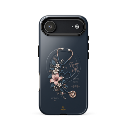 The Pledge iPhone Case, rose-gold stethoscope and lilies on navy. Haezel Tech Healer Series, view 14