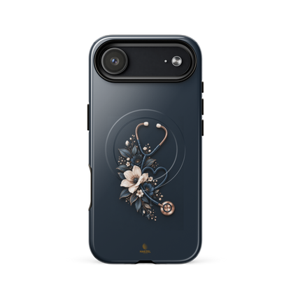 The Grace iPhone Case, anemones and rose-gold stethoscope on navy. Haezel Tech Healer Series, view 14