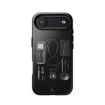 The Theatre iPhone Case, silver surgical instrument tray on black. Haezel Tech Healer Series, view 14